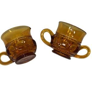 Vtg Amber Glass Creamer & Sugar Bowl Set No Lid Pressed Glass Retro Tableware